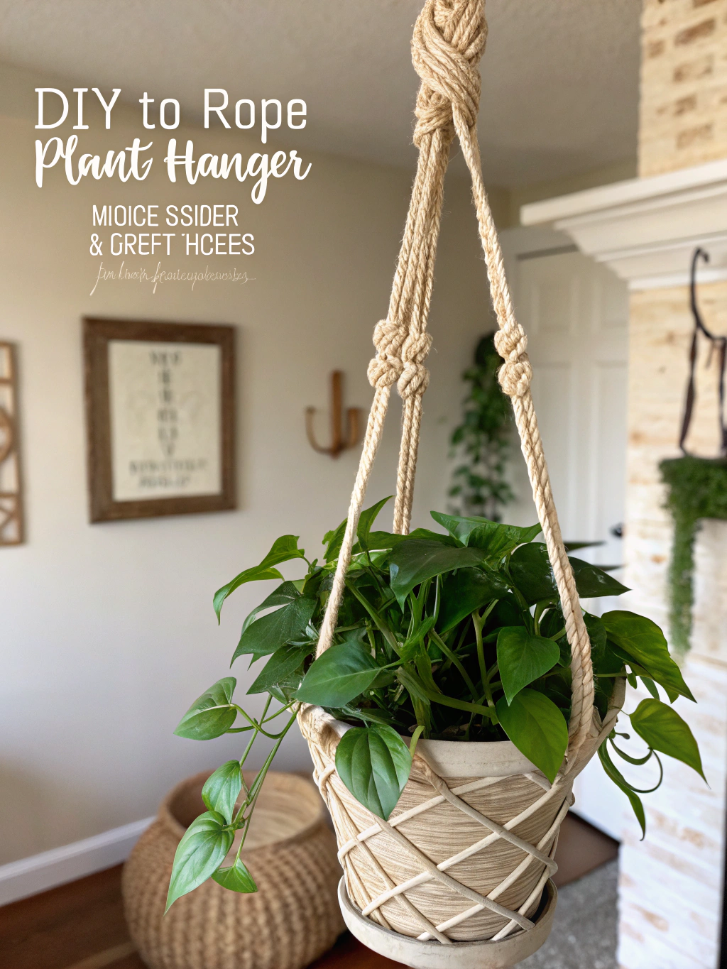Final result: A stunning DIY rope plant hanger showcasing a beautiful green plant, adding a touch of nature indoors.