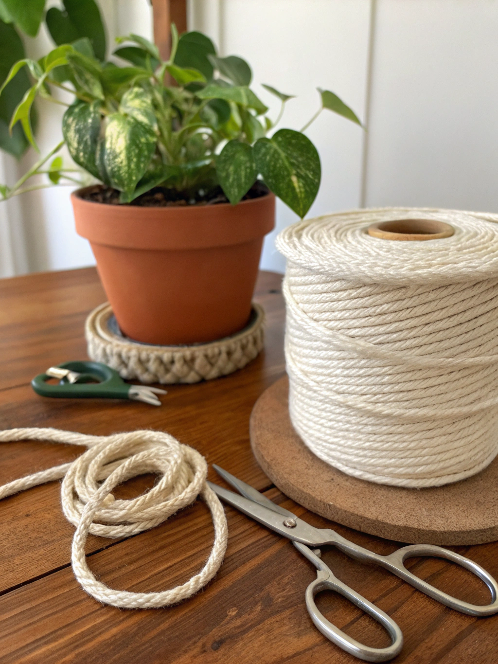 Materials for DIY rope plant hanger: rope, scissors, measuring tape, and a metal ring.