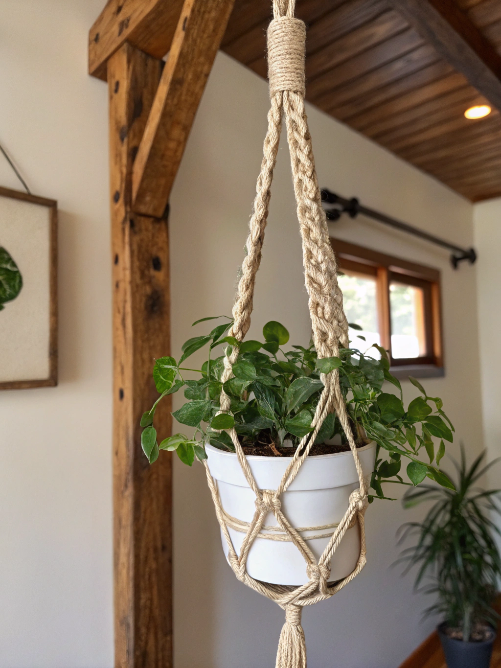 DIY Rope Plant Hanger: 7 Easy Steps to Beautify Your Space 1 Beautiful homemade DIY rope plant hanger holding a lush green plant.
