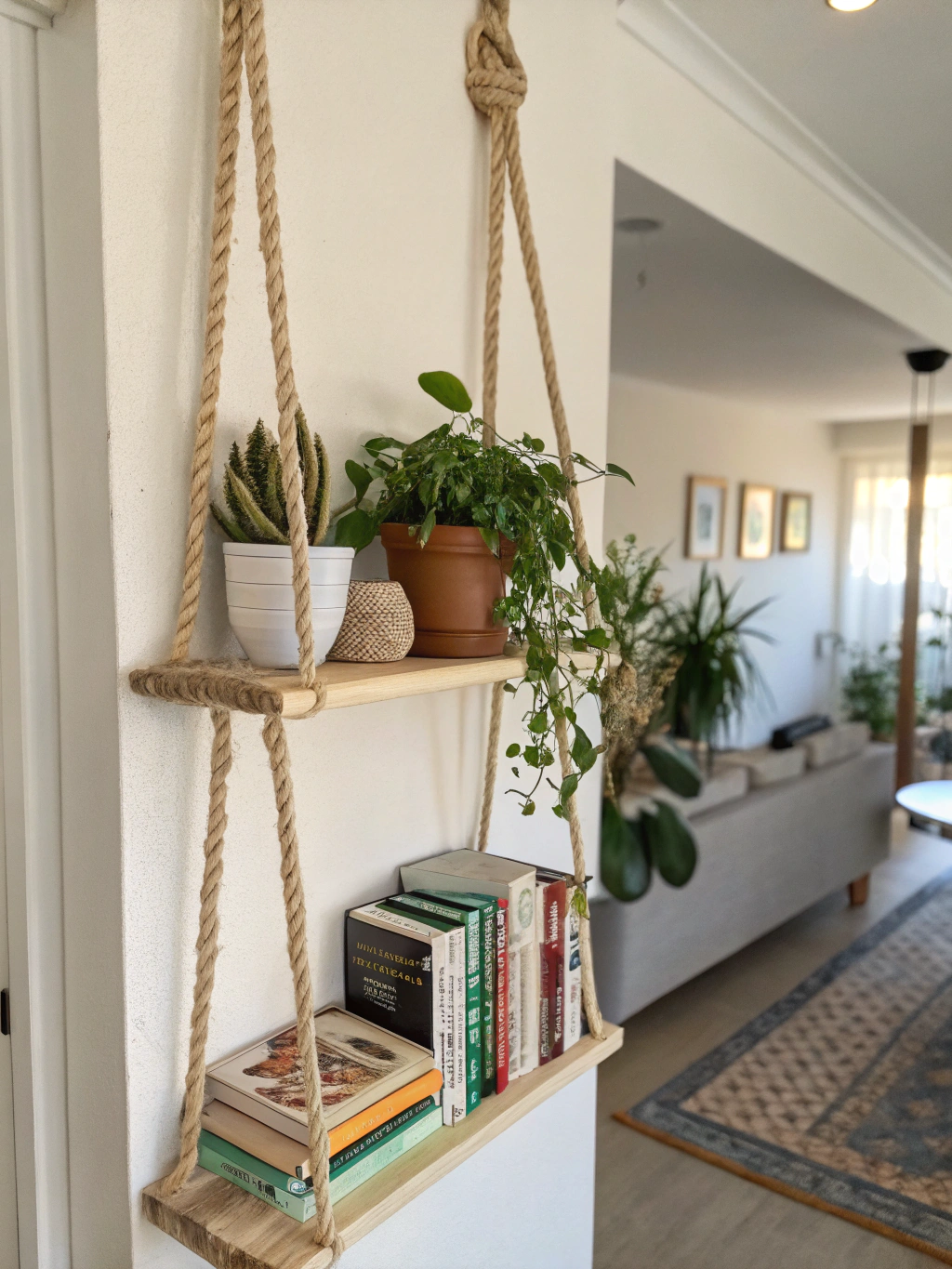 A beautifully styled final DIY rope shelf, adorned with plants and decor, hanging on a wall.