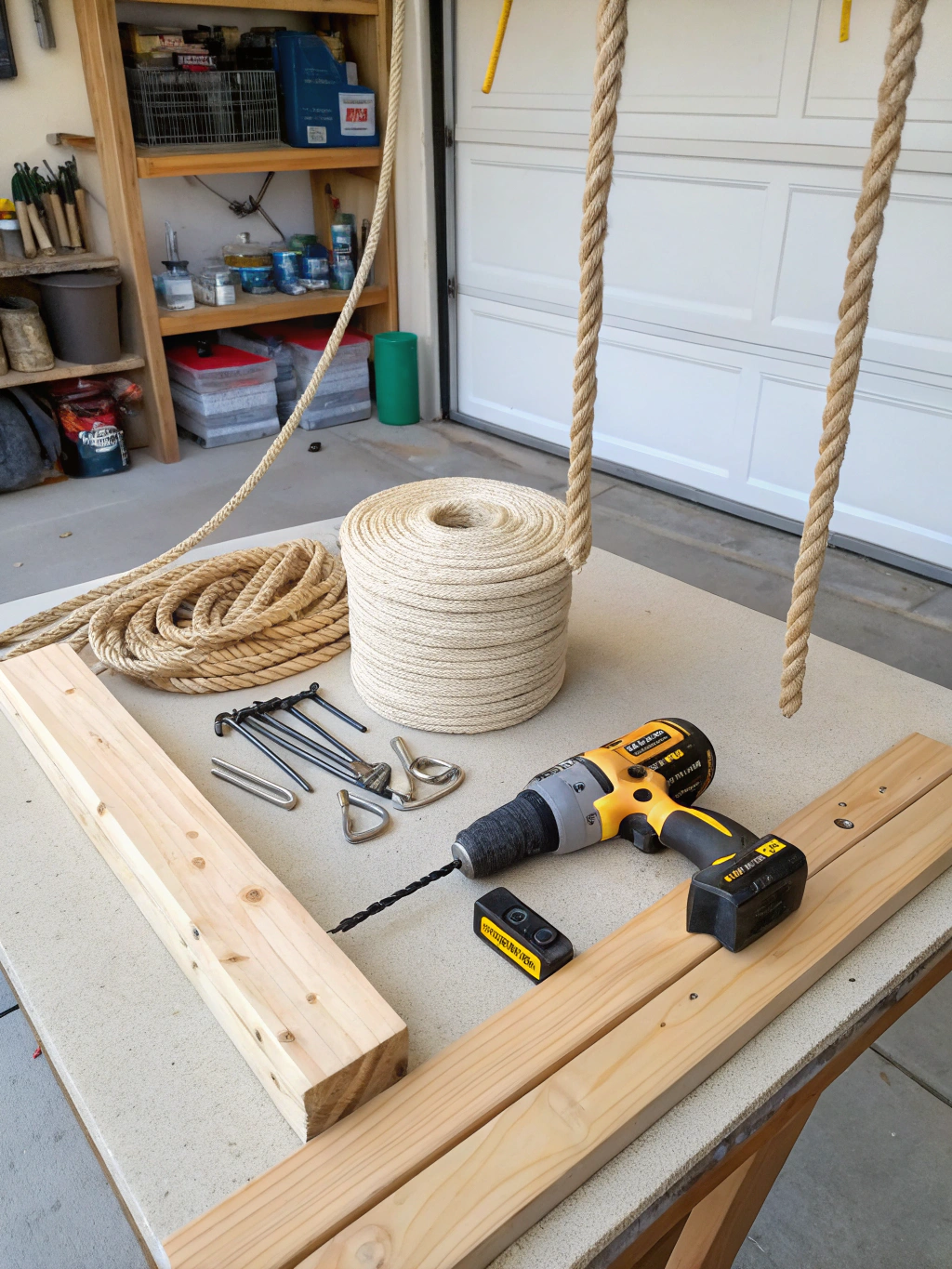 Materials and tools needed for a DIY rope shelf laid out on a workshop table.