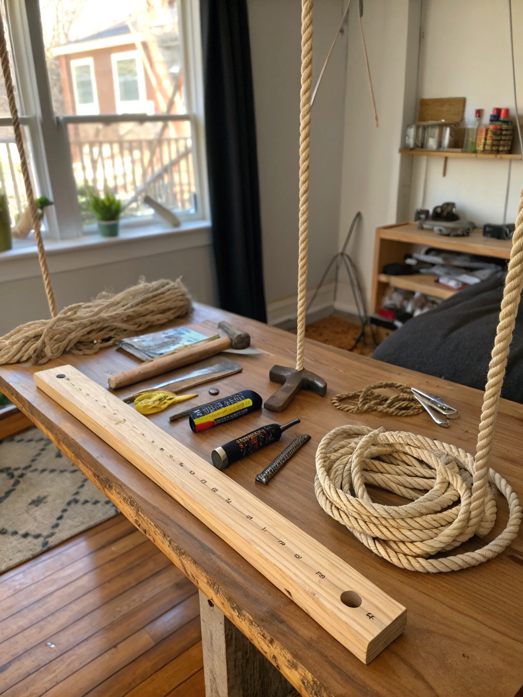 Step 1: Measuring and marking hole locations on a wooden plank for a DIY rope shelf.