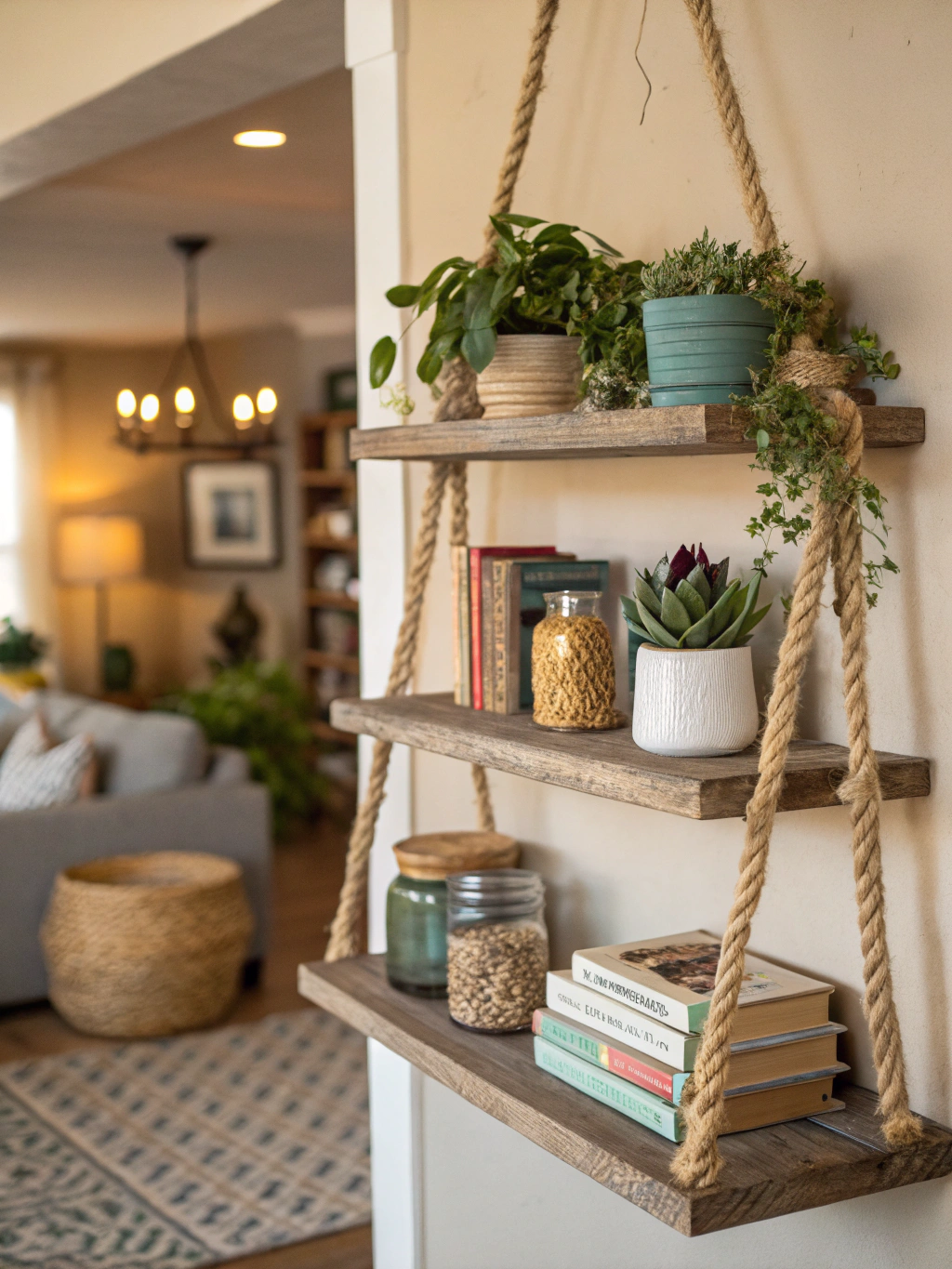 A beautifully styled DIY rope shelf holding small plants and decor items.