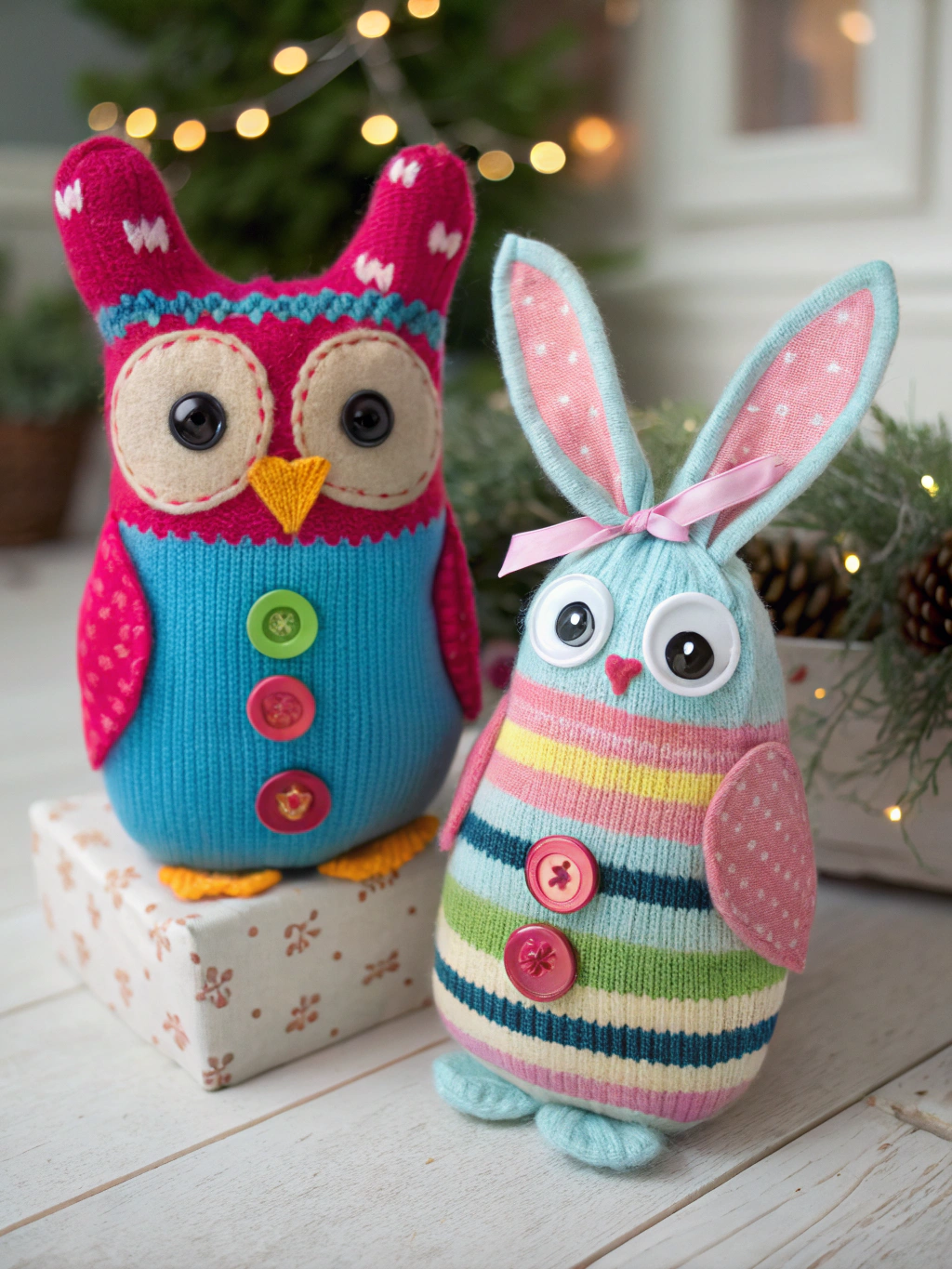A delightful collection of finished DIY sock crafts no sew creations, including a sock snowman, octopus, heat pack, duster, and stress ball, all made from old socks.