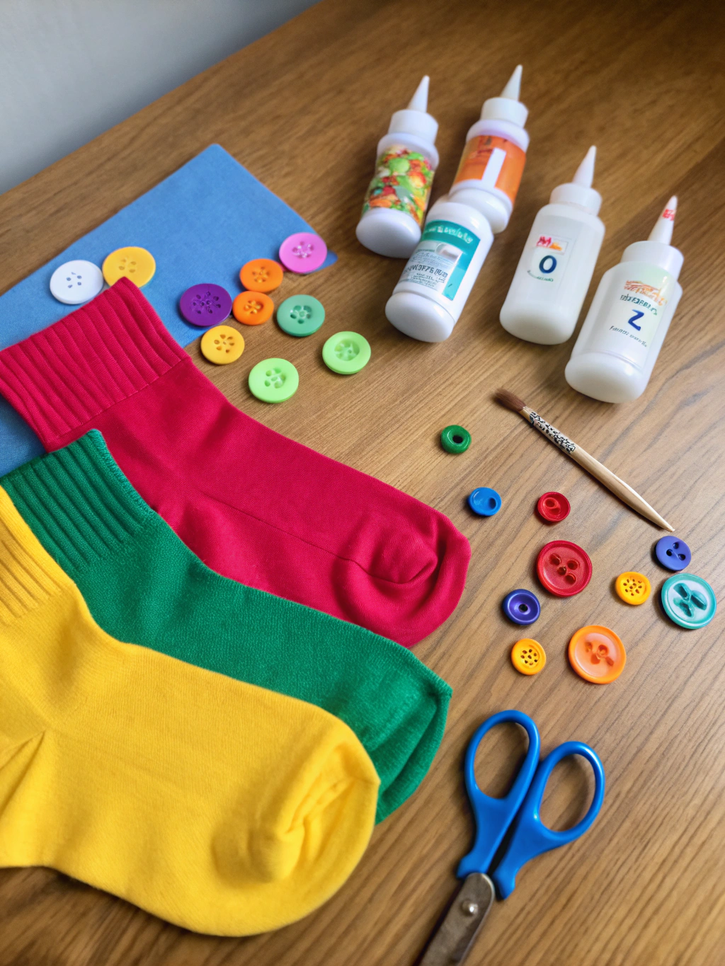 A collection of essential supplies for no-sew sock craft projects including socks, scissors, rubber bands, and decorative items.
