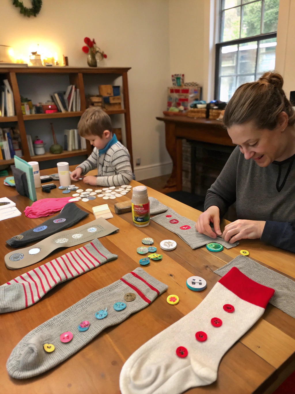 A hand is shown securing a DIY sock craft project with a rubber band, demonstrating a key no-sew technique.