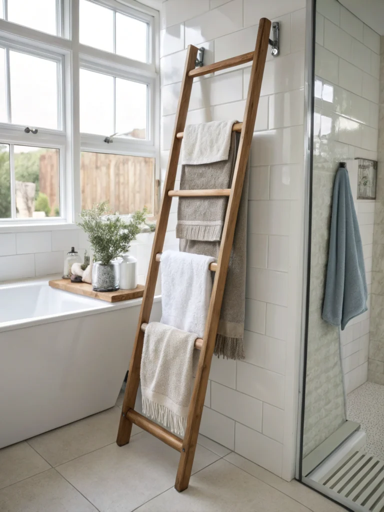 DIY towel ladder crafted from wood leaning against a bathroom wall, showcasing functional, stylish home decor.