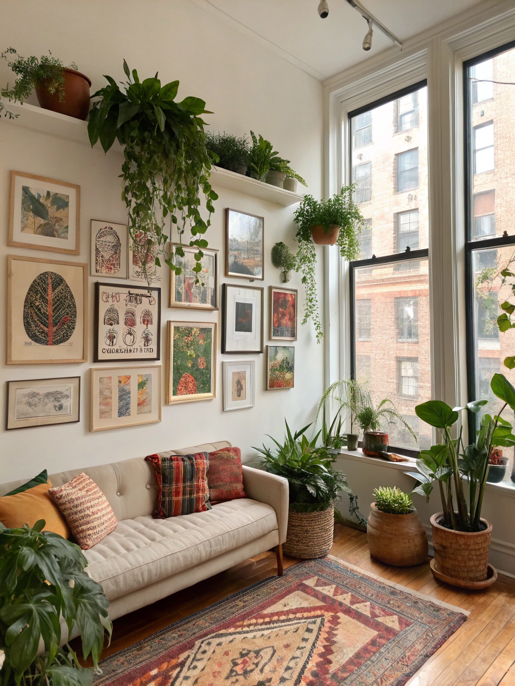 A beautifully decorated living room wall showcasing one of the completed DIY wall decor projects from the article (e.g., the geometric accent wall or a gallery of framed fabric), looking stylish and personalized.