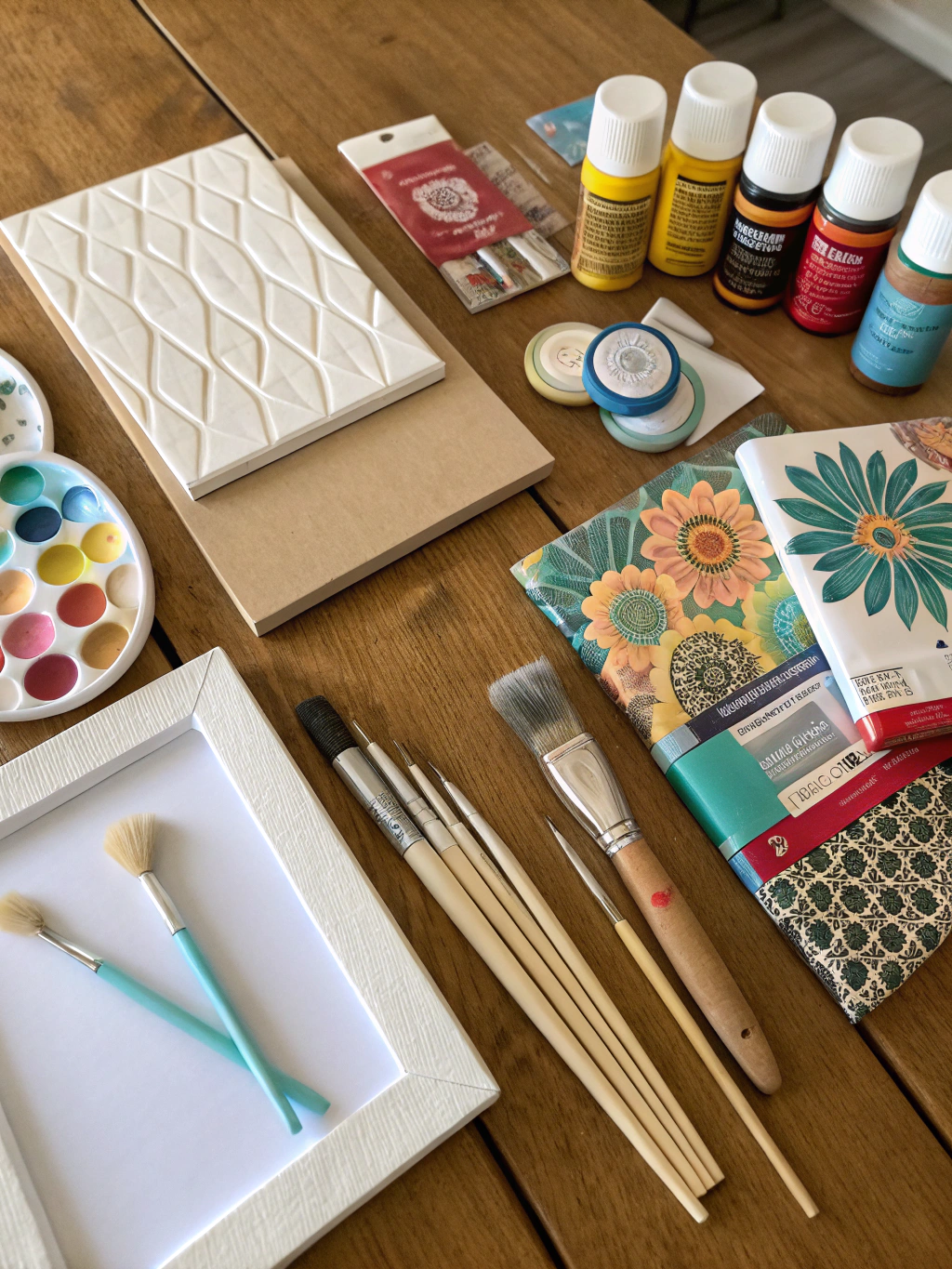 A collection of common DIY tools and materials like paint, brushes, stencils, fabric, and wood arranged neatly on a workbench, ready for DIY wall decor projects.