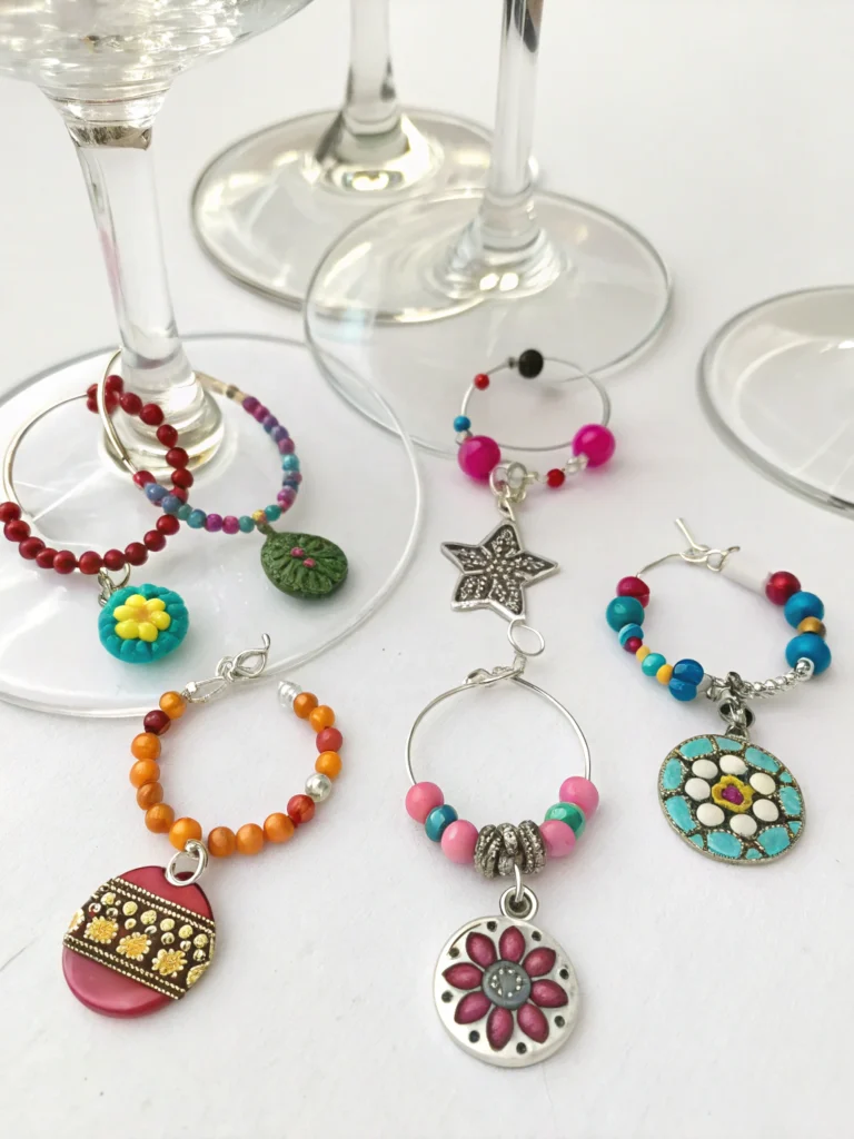 DIY wine glass charms crafted from recycled materials on a table, emphasizing sustainability and creativity.