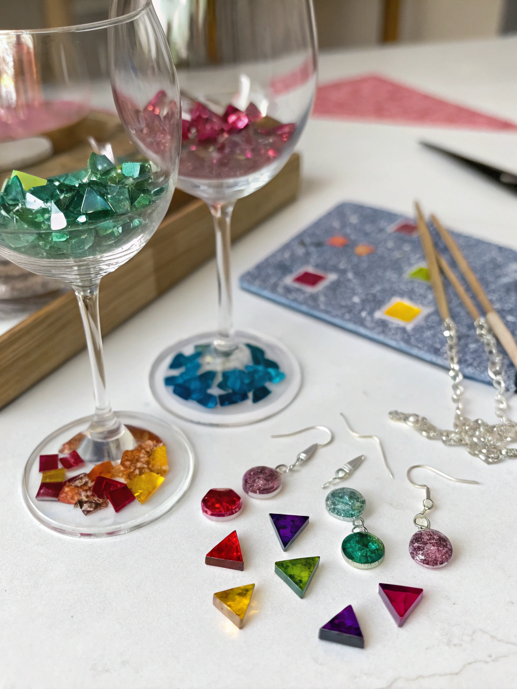 DIY Wine Glass Charms Recycled: 7 Easy How-To Ideas 2 A flat lay of various recycled materials like corks, bottle caps, buttons, and crafting tools like pliers and wire for making DIY wine glass charms recycled.
