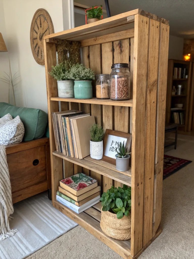 DIY wooden crate shelf with tools and materials for easy home project in Denver.