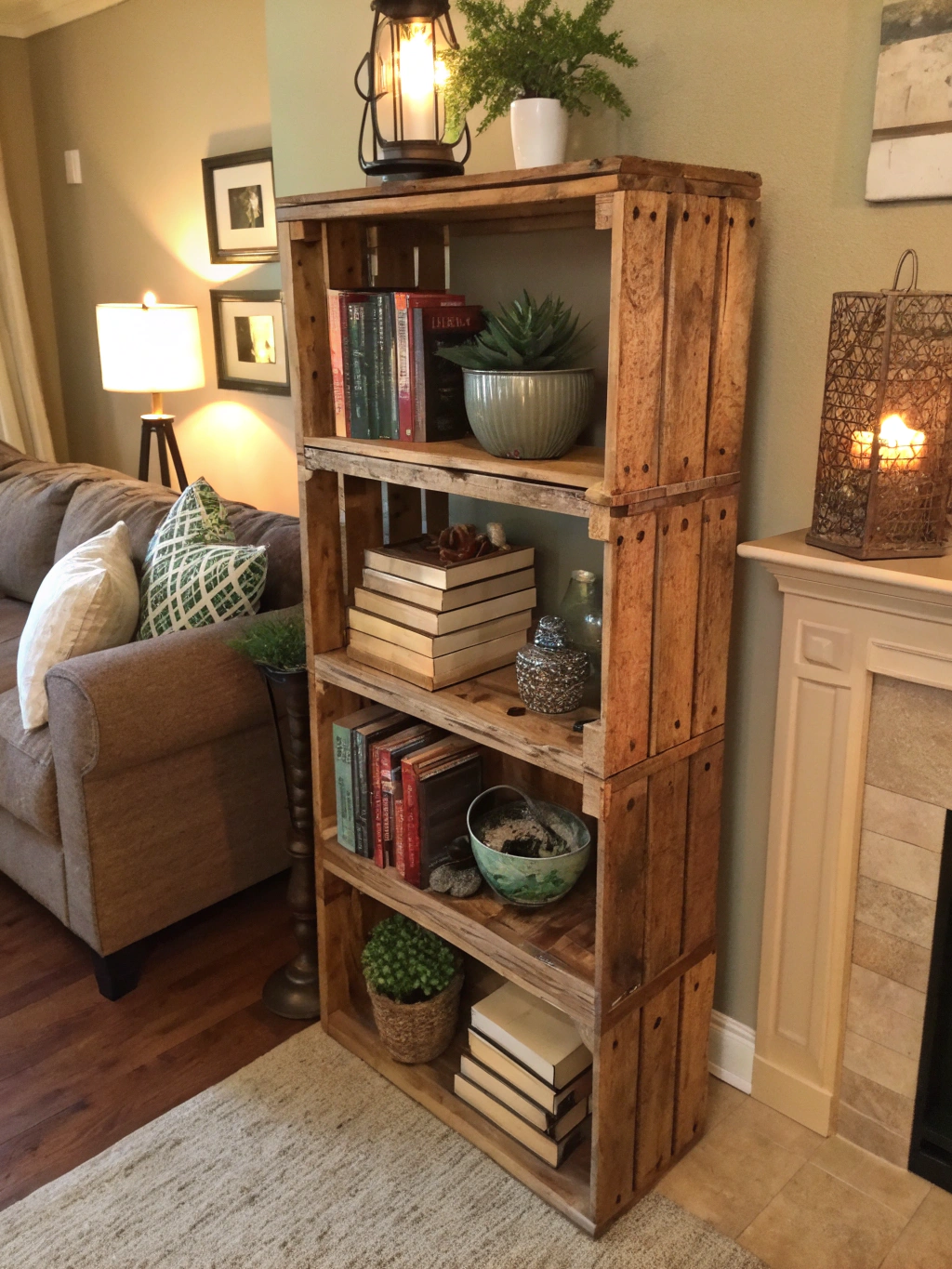 The fully assembled and decorated DIY wooden crate shelf in a home setting.