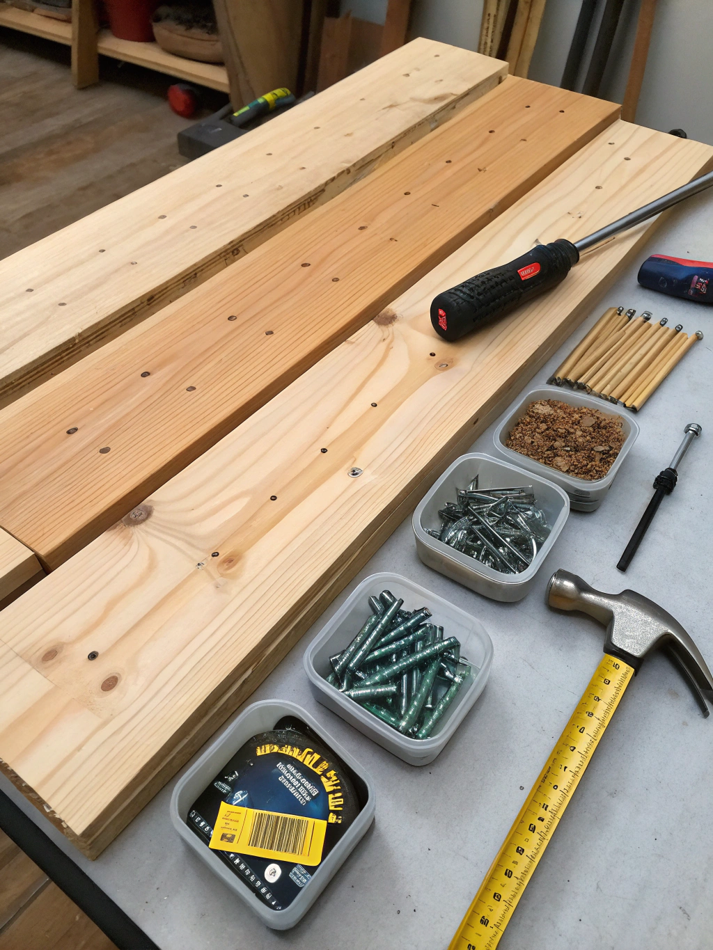 Materials and tools needed for the DIY wooden crate shelf project laid out neatly.