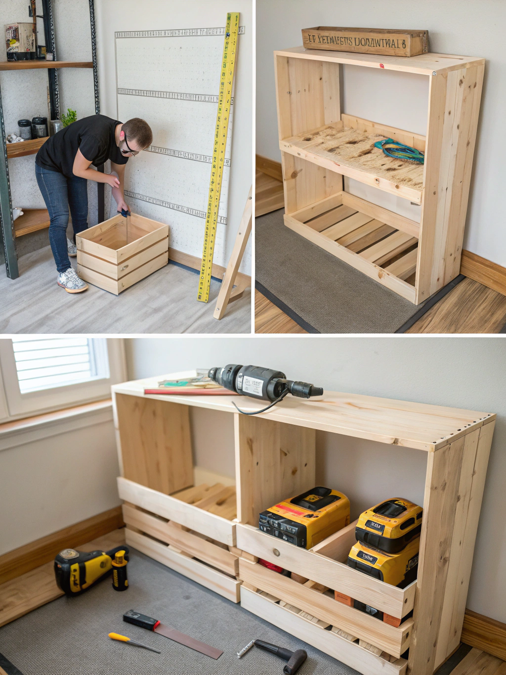 A wooden crate being sanded smooth in preparation for assembly.