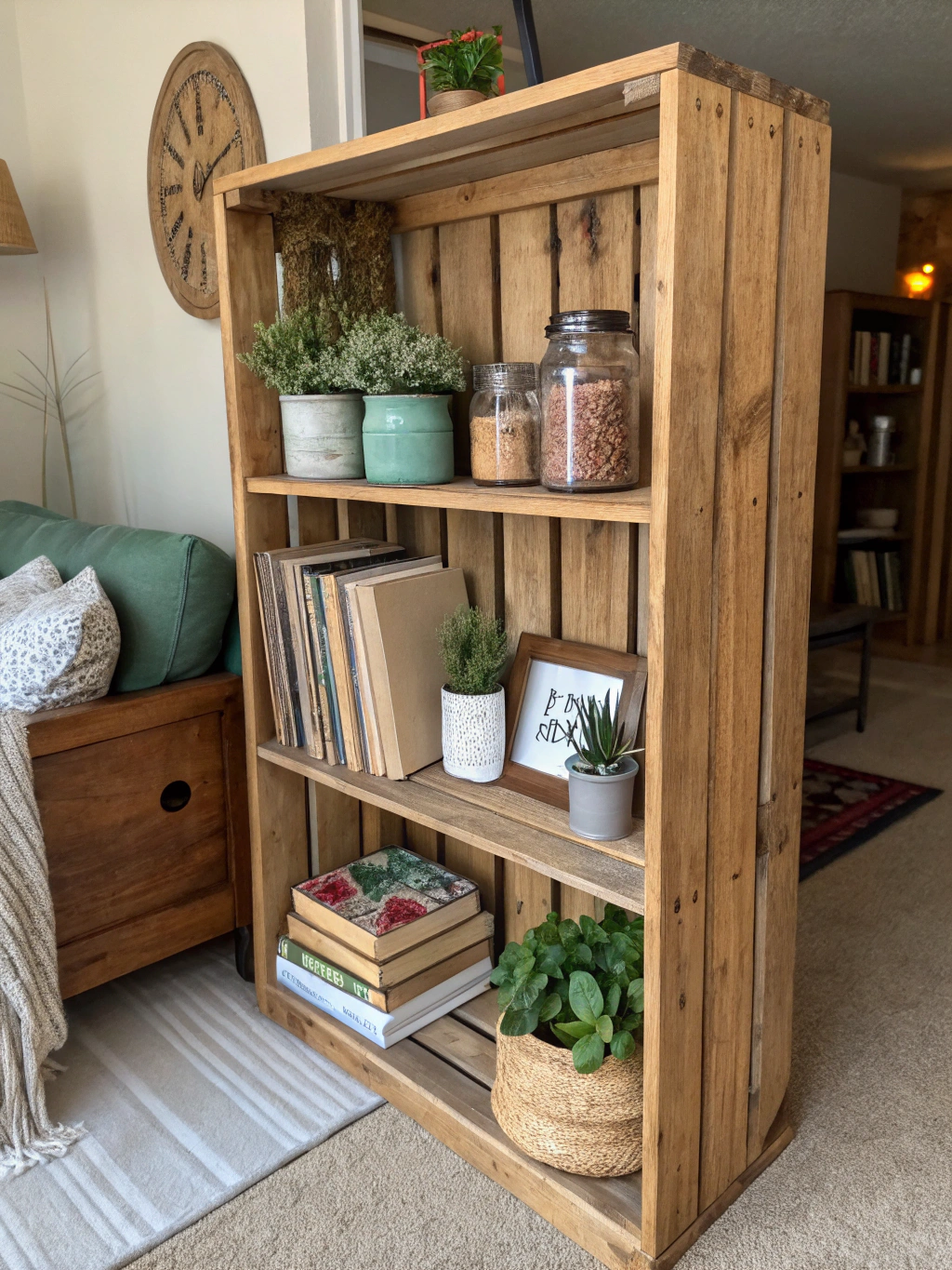 A beautifully assembled DIY wooden crate shelf filled with books and decor.
