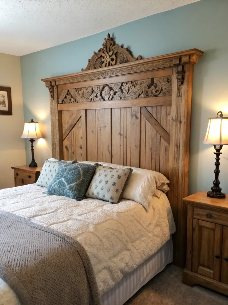 "Handcrafted DIY wooden headboard in cozy bedroom setting, showcasing step-by-step building process."