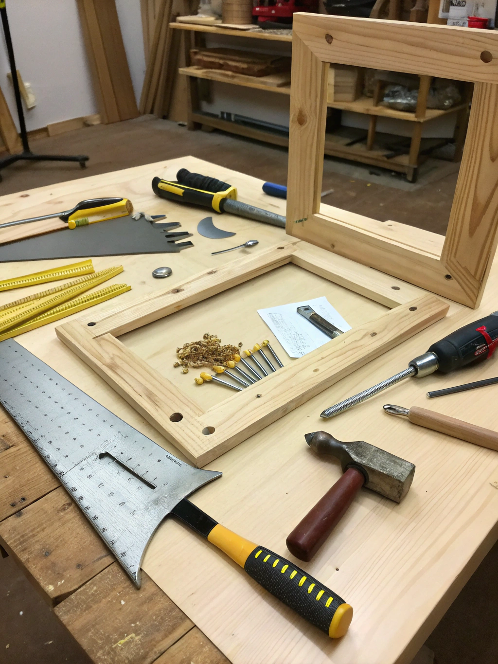 DIY Wooden Mirror Frame: How to Create best One in 5 Simple Steps 2 A flat lay of tools T-square, pencil, and wood pieces needed for a DIY wooden mirror frame project.