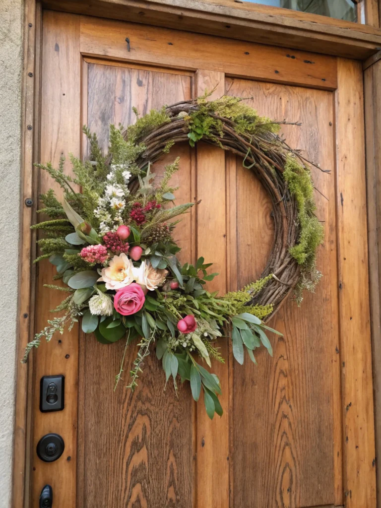 Handcrafted DIY wreath with colorful flowers on a wooden door, perfect for enhancing curb appeal with home decor.