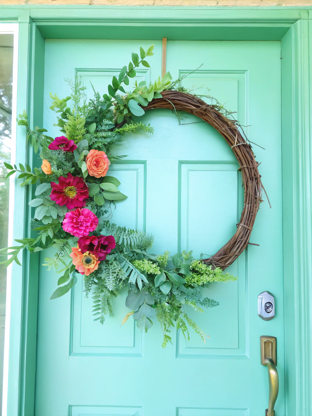 A beautiful, completed DIY wreath hanging on a front door, showcasing various floral and green elements.