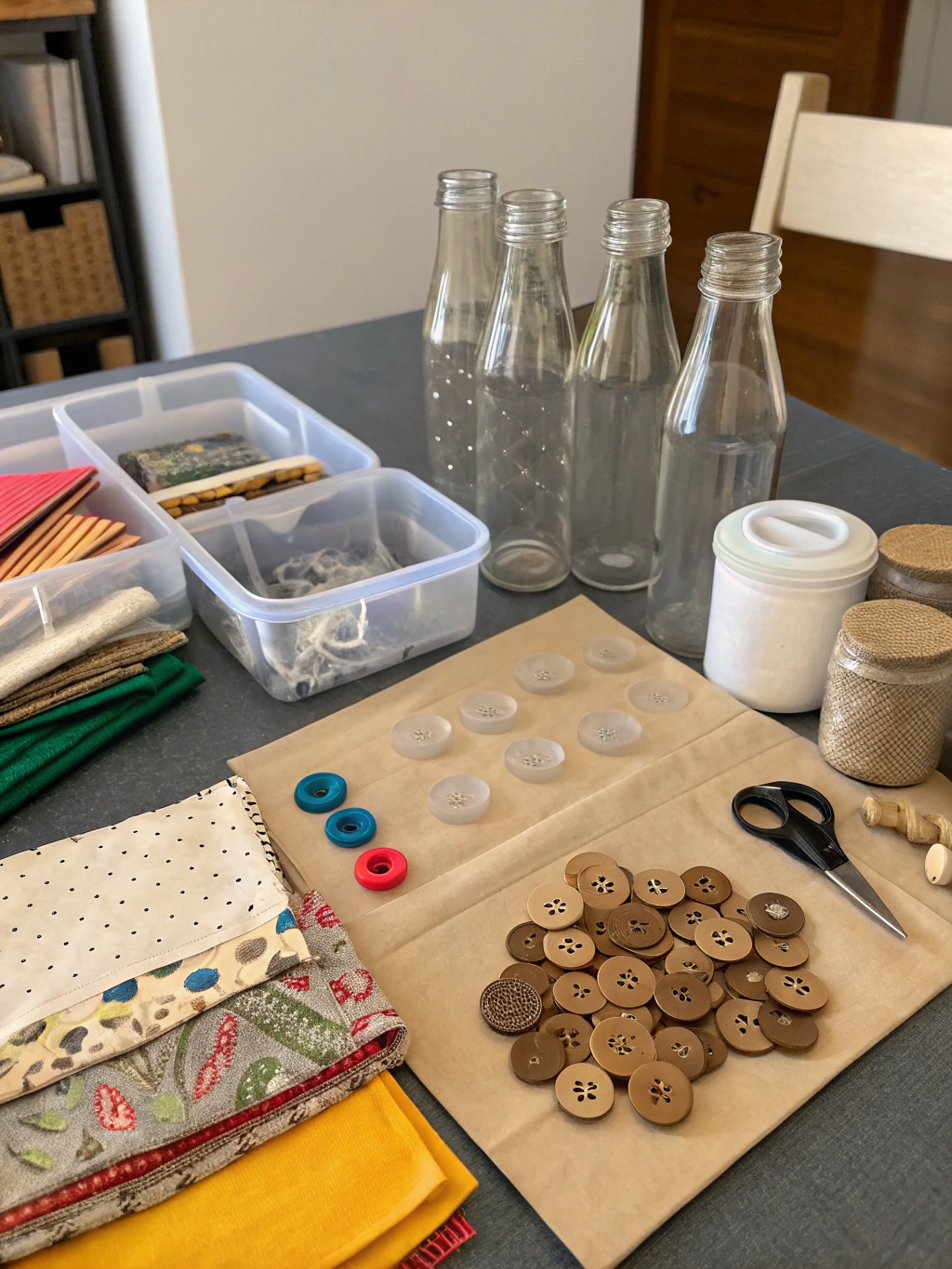 A collection of basic craft supplies like scissors, glue, paintbrushes, and a small can of paint.