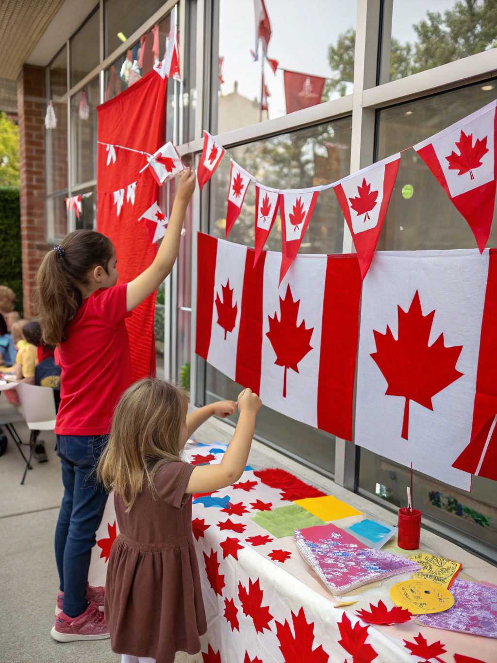 A vibrant display of all five completed Canada Day crafts: maple leaf wands, beaver puppets, paper plate shakers, windsocks, and fireworks paintings, arranged festively.