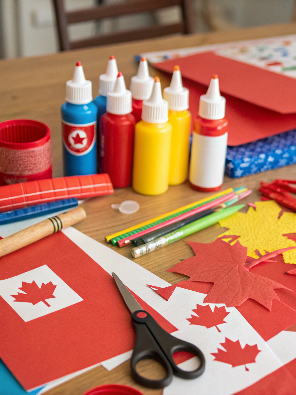 A collection of craft supplies including red and white construction paper, glue, scissors, glitter, and paint sticks, ready for Canada Day crafting.