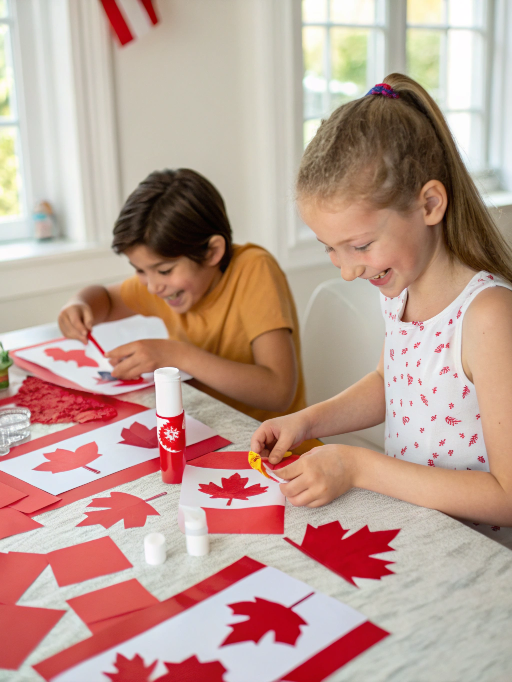 Step 1: Cutting out a maple leaf shape from red construction paper for the canada day crafts for kids diy wand.