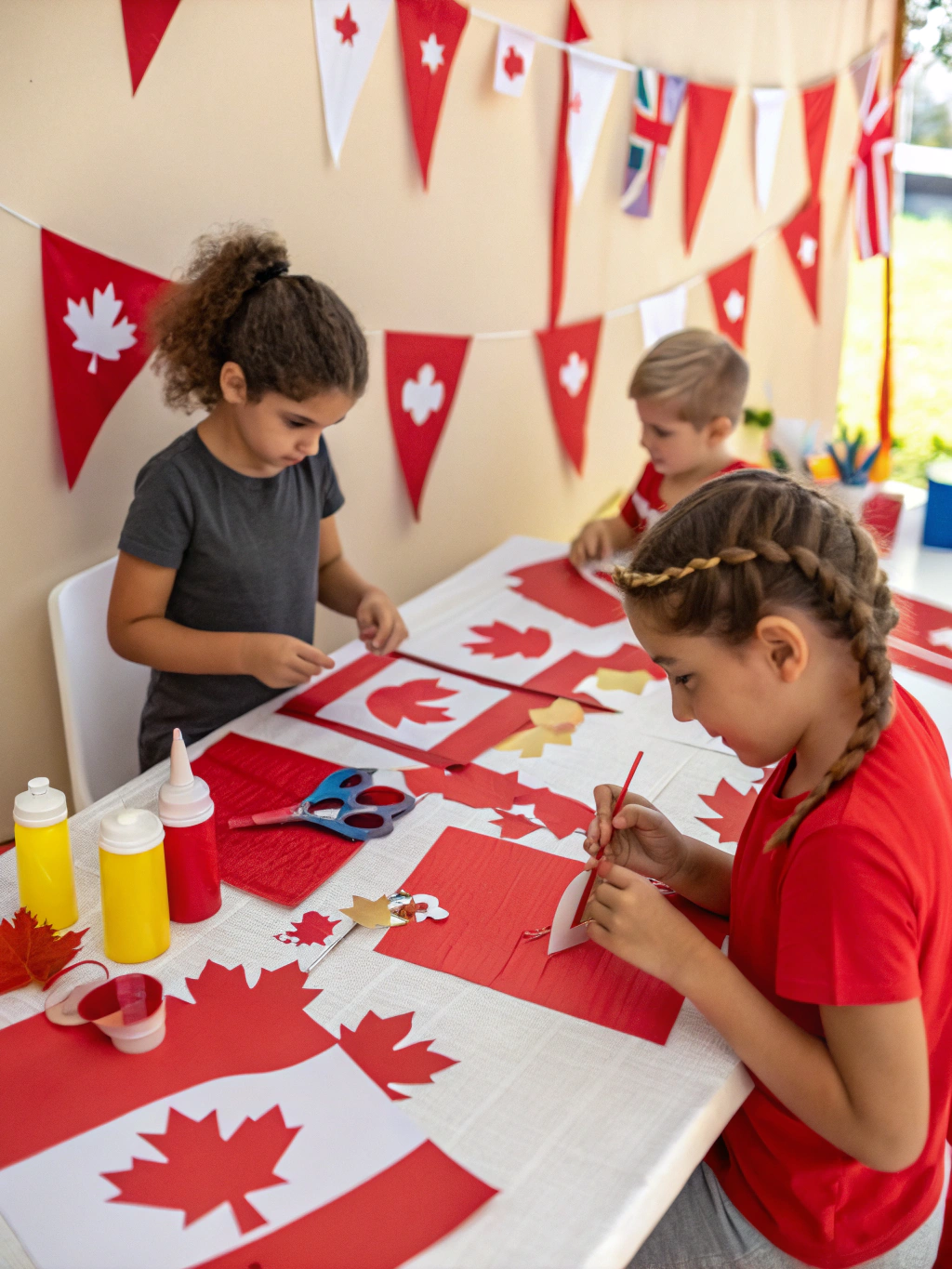A child proudly holding a homemade maple leaf wand decorated with red glitter.