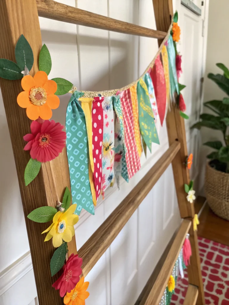 Colorful DIY fabric scrap summer garland hanging in a cozy room, perfect for creative home decor ideas.