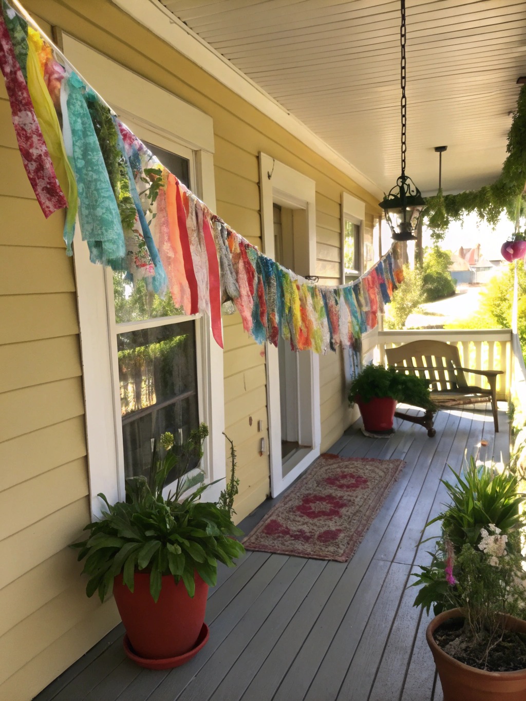 How to Make a DIY Fabric Scrap Summer Garland in 5 easy Steps 4 A beautifully completed DIY fabric scrap summer garland hanging decoratively.