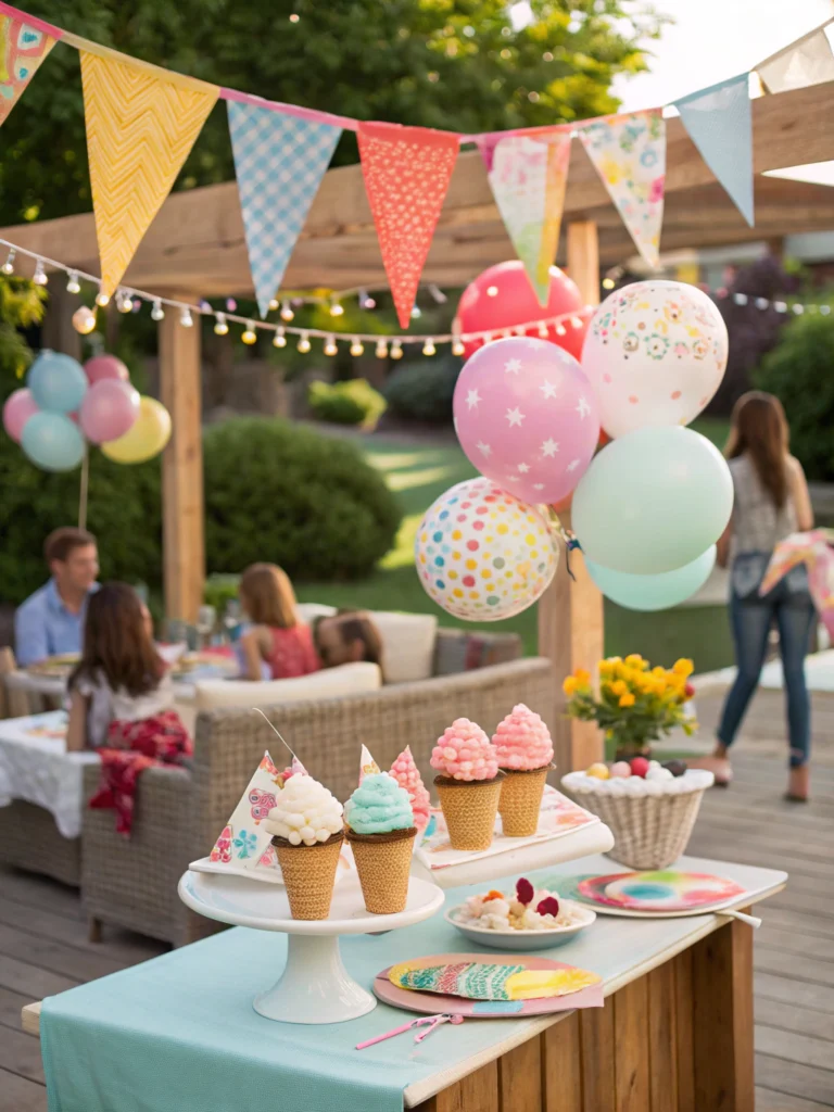 Colorful DIY ice cream social decorations with cones and sprinkles elevate your party decor in New York City.