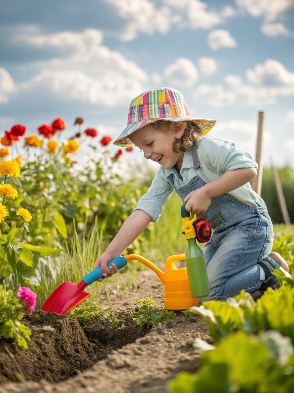 A child happily using their full set of homemade [diy kids gardening tools](https://www.fixdiy.site/holiday-diys/) in a garden