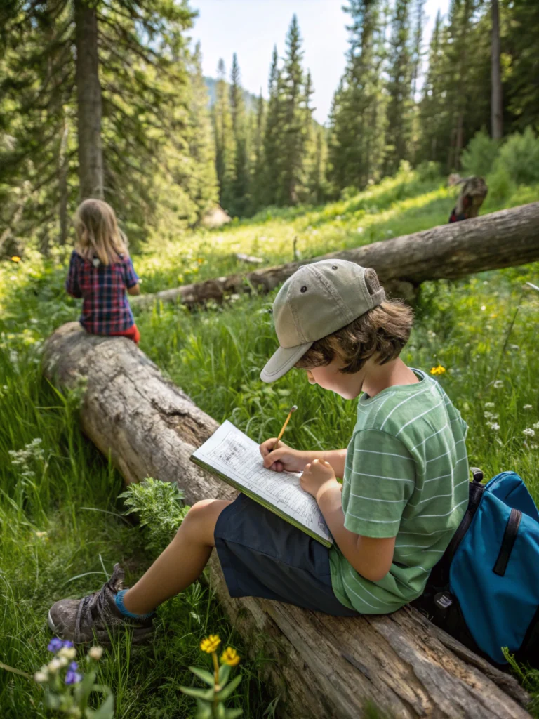 Kids creating DIY nature journals outdoors, featuring vibrant leaves and flowers.