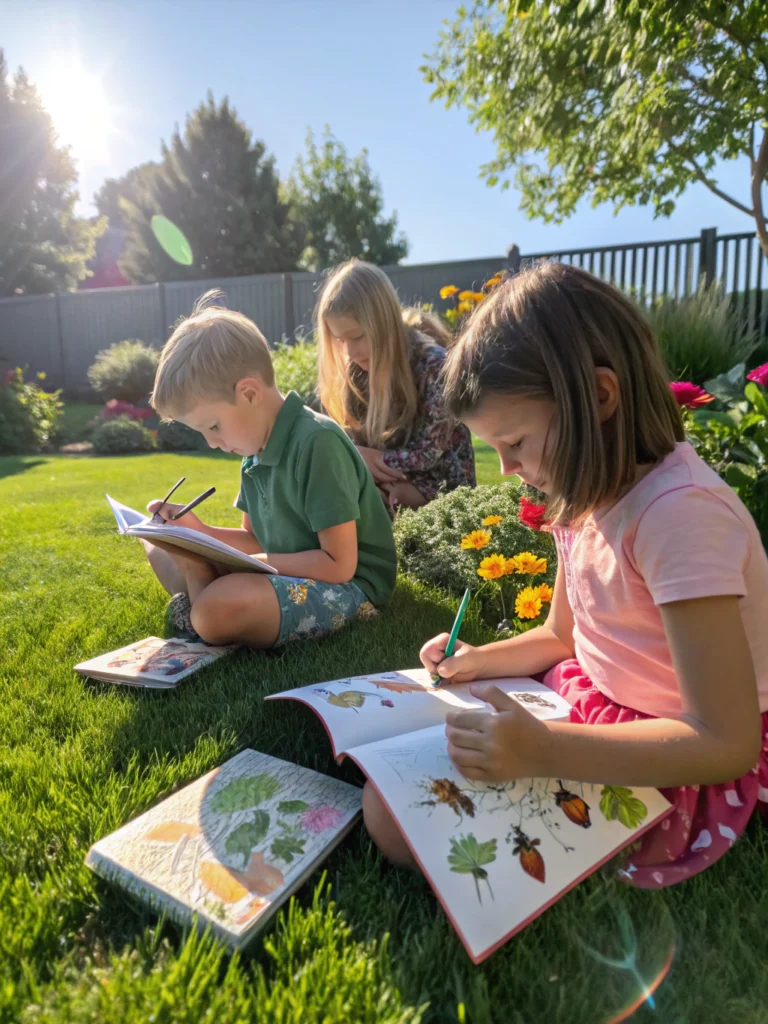 DIY Nature Journal for Kids: Great 5 Fun Ideas to Get Started! 4 Kids creating DIY nature journals outdoors, featuring vibrant leaves and flowers.