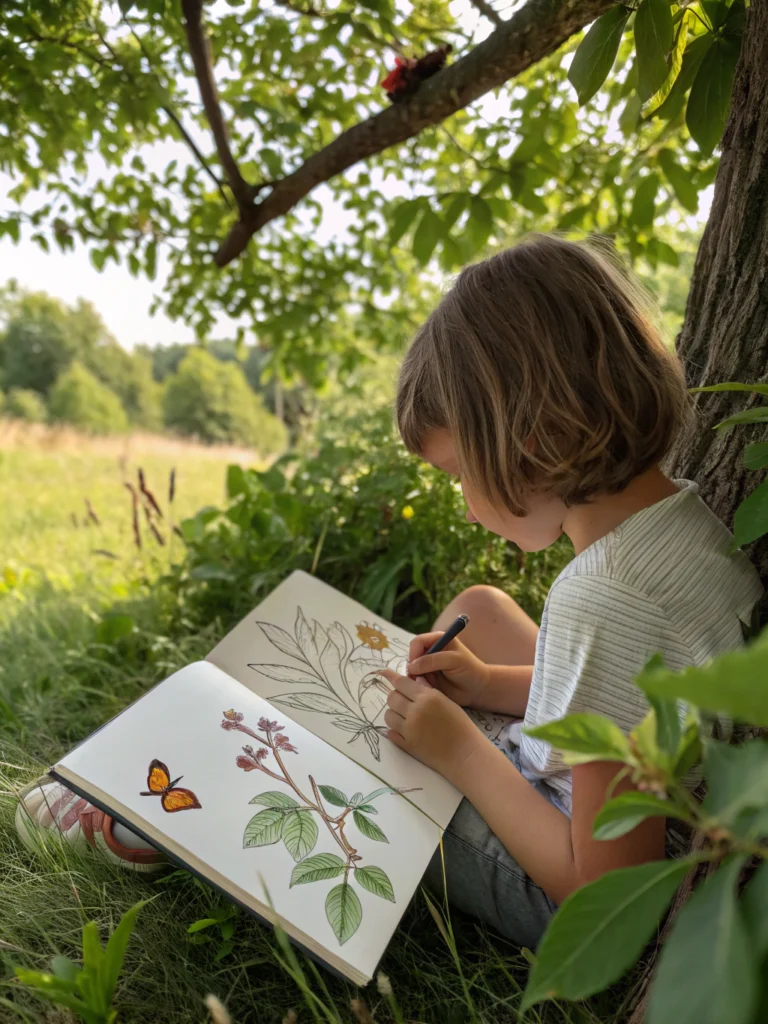 DIY Nature Journal for Kids: Great 5 Fun Ideas to Get Started! 1 Child drawing in a nature journal with leaves; DIY nature journal guide for kids.