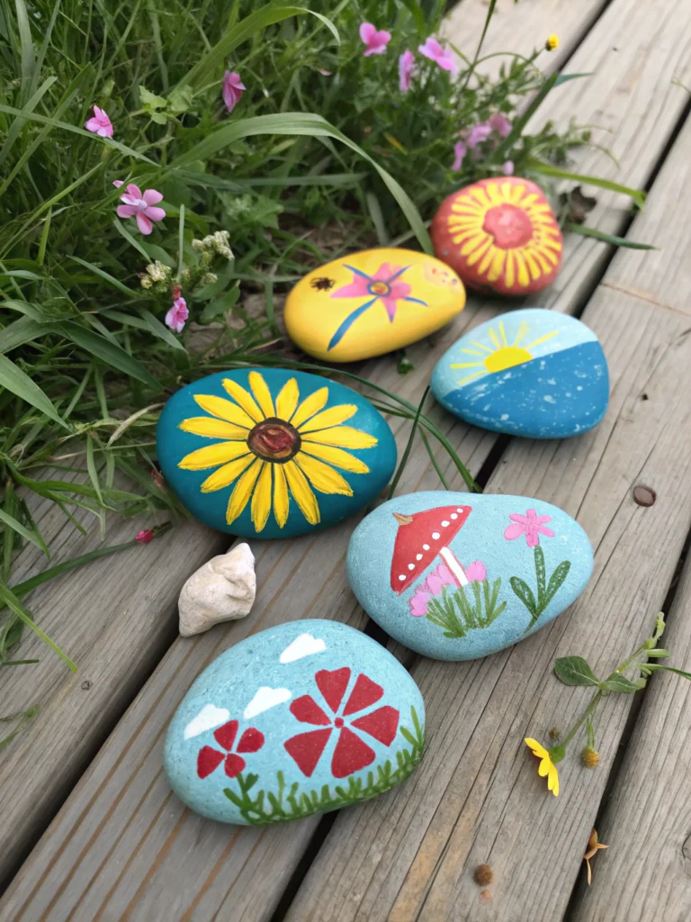 Colorful DIY painted rocks displaying summer-themed designs on grass in Florida garden.