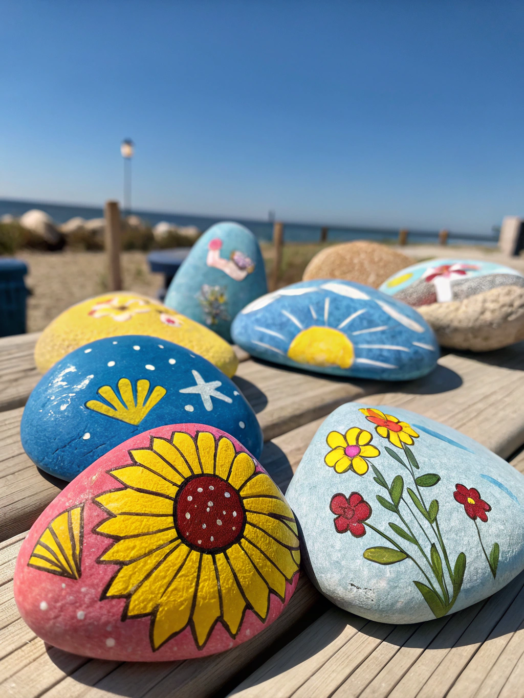 Final results of various diy painted rocks summer projects. A vibrant collection of finished DIY painted rocks showcasing various summer themes like citrus slices, ladybugs, tie-dye patterns, watermelons, and inspirational words, displayed attractively.