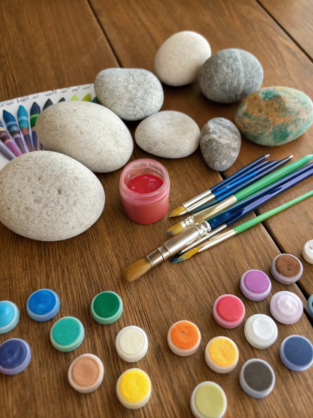 Essential supplies for diy painted rocks summer projects. An array of rock painting supplies including smooth rocks, acrylic paints, brushes, sealant, and a water cup, neatly arranged on a crafting table.