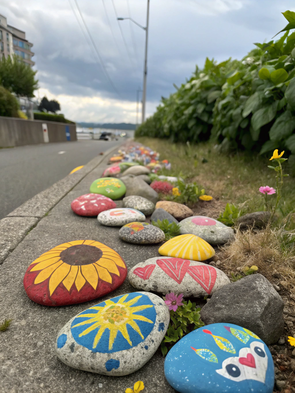 Step 1: Painting the base and segment lines for diy painted rocks summer citrus design. Step 1 of painting a citrus slice rock: a rock painted with a yellow base coat, with white lines being painted to create segments.
