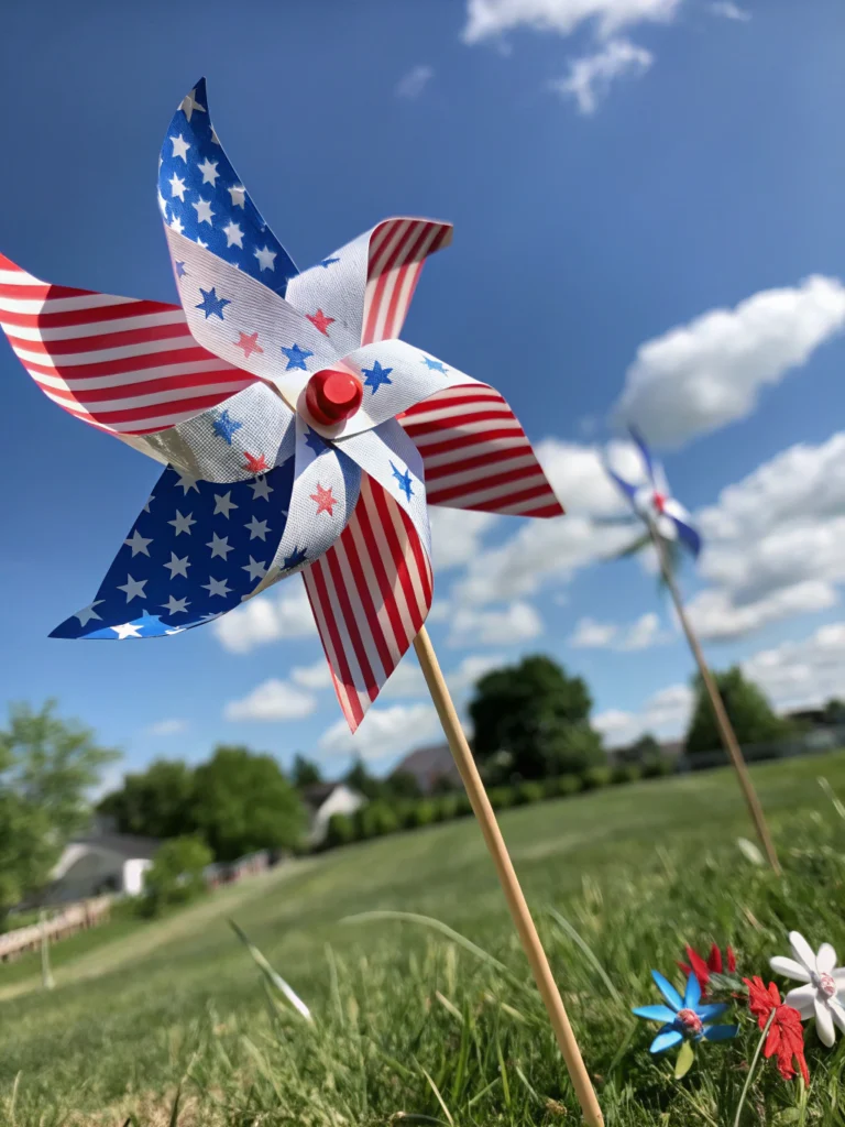 Festive DIY patriotic pinwheel decor with red, white, and blue colors for Independence Day celebrations.