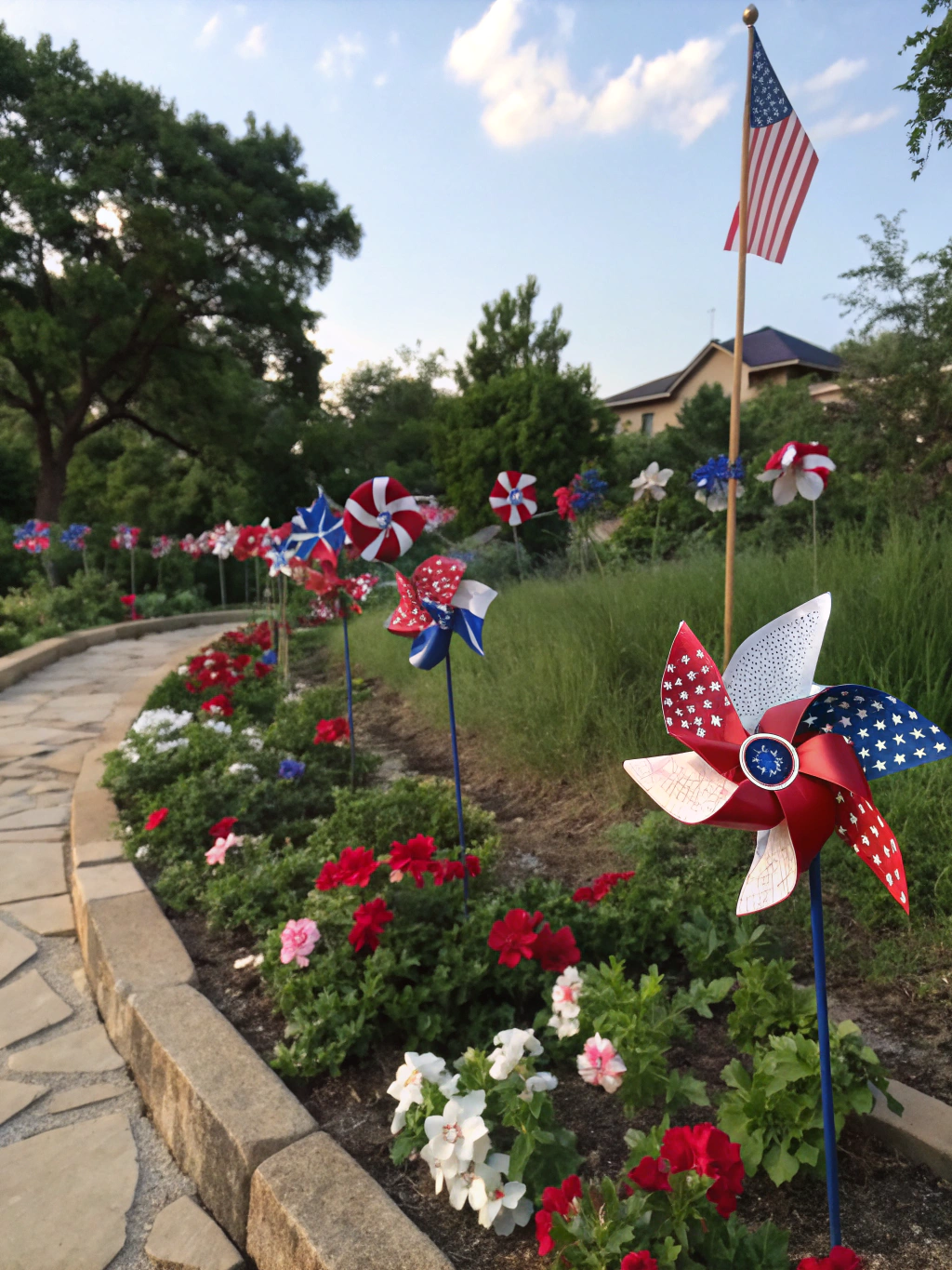 A collection of completed DIY patriotic pinwheels in various patterns and sizes, displayed in a vase or stuck in the ground.