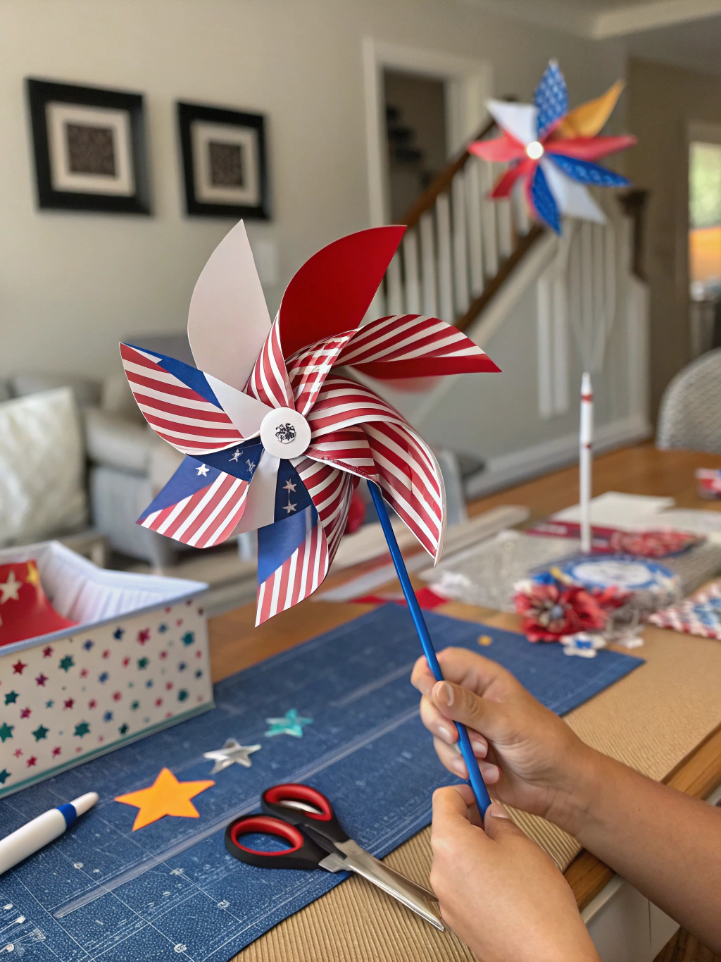 A square piece of patriotic-themed paper with diagonal lines drawn from each corner to the center, and ruler alongside.