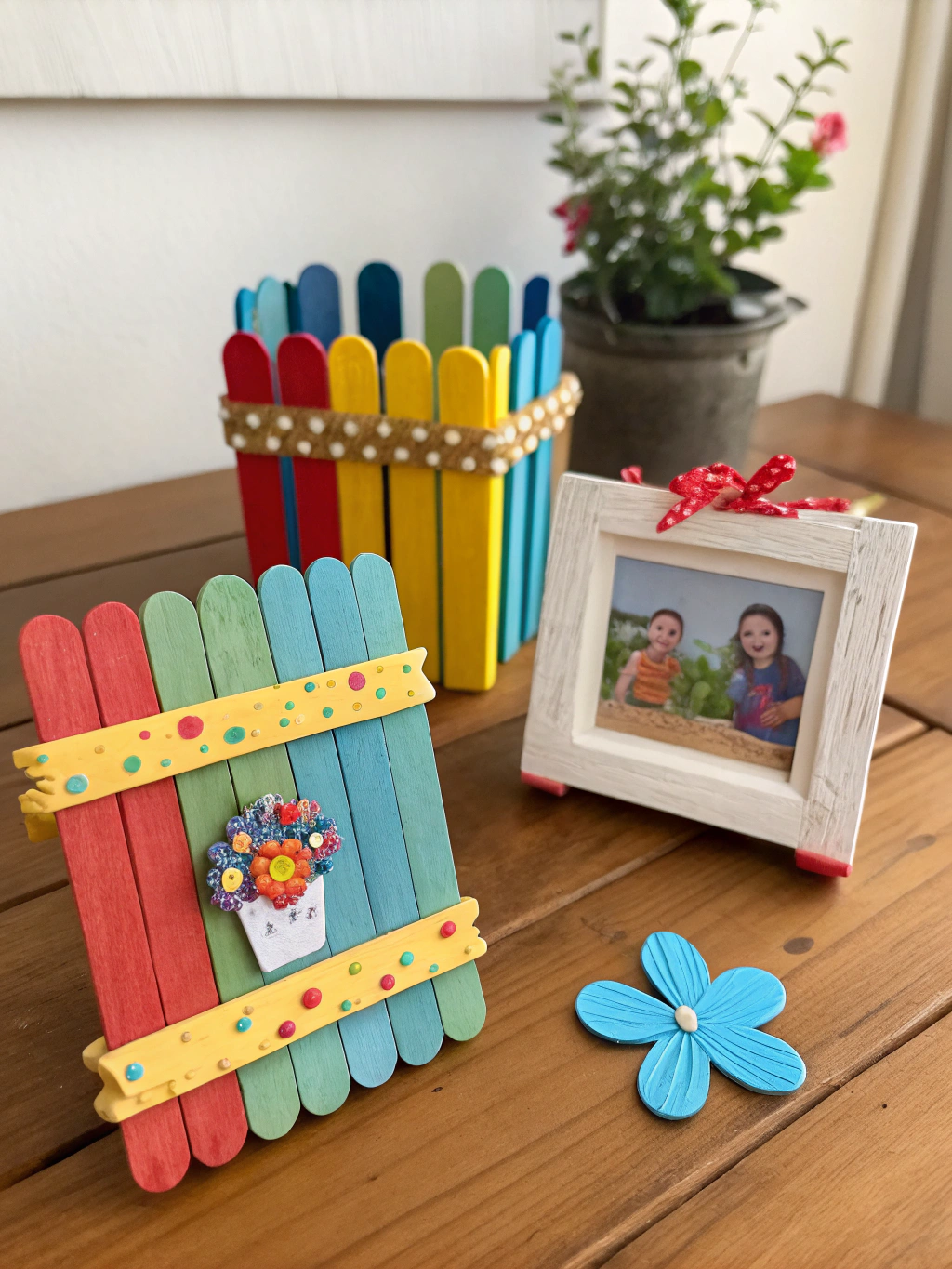 DIY Popsicle Stick Summer Crafts: 7 Easy Projects you need to do ! 4 A collection of completed DIY popsicle stick summer crafts, showcasing the variety of projects like frames, flowers, and a bird feeder.