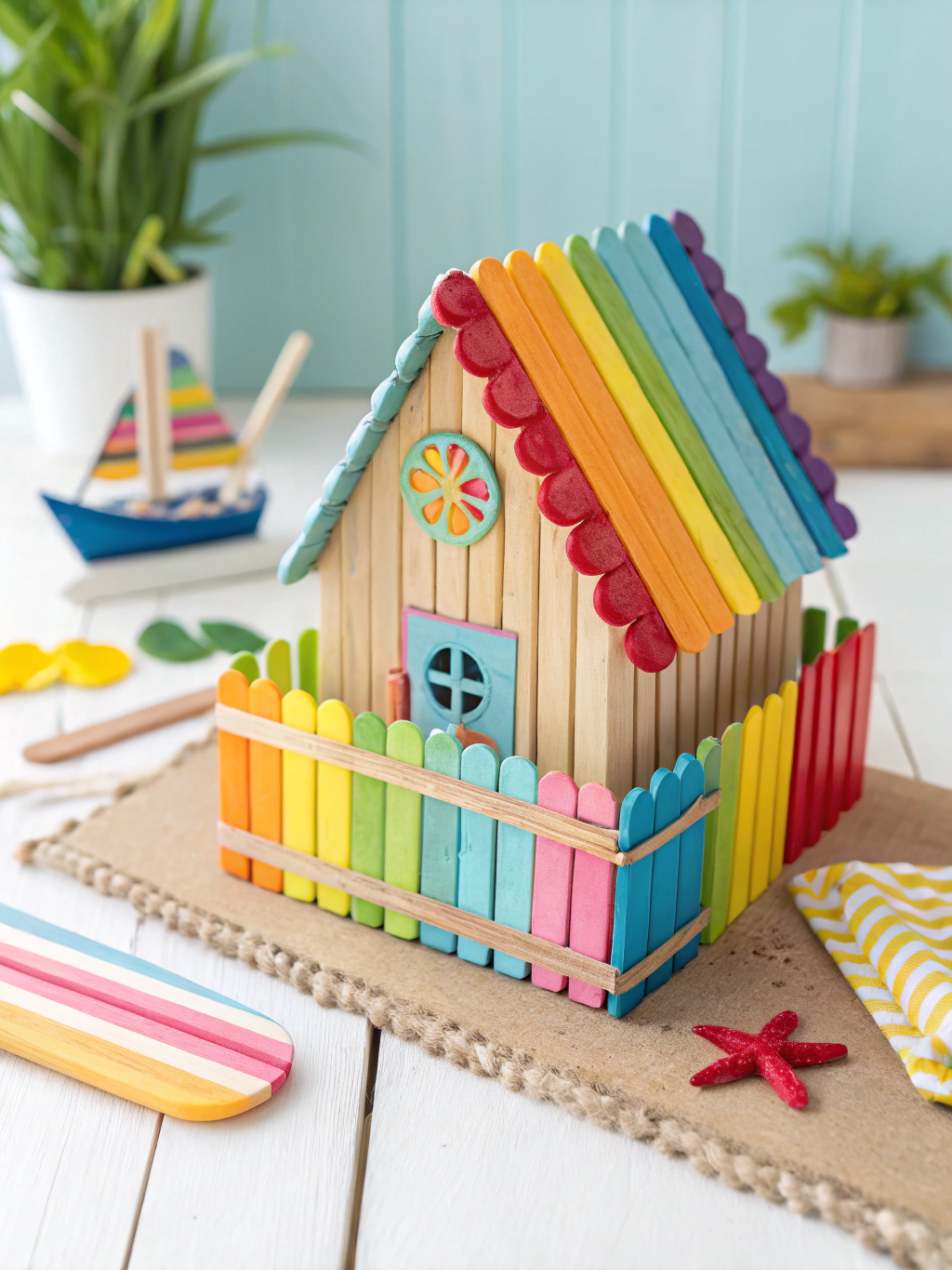 DIY Popsicle Stick Summer Crafts: 7 Easy Projects you need to do ! 1 A colorful array of DIY popsicle stick summer crafts, including a miniature beach chair and a sunburst.