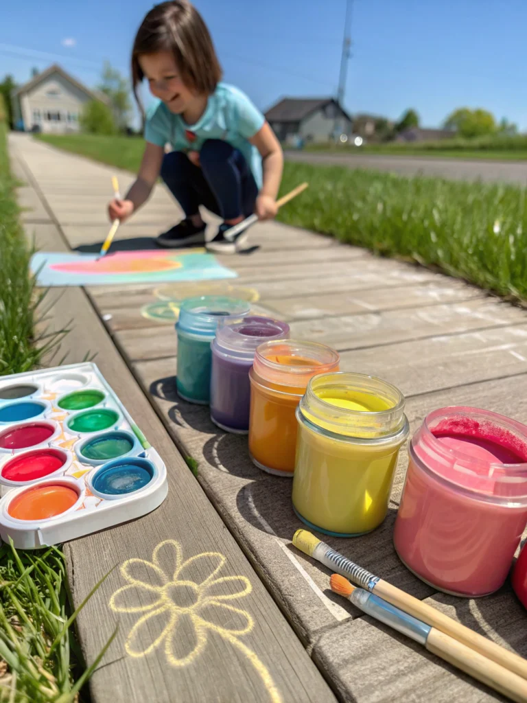Child making vibrant sidewalk chalk paint art outdoors, enhancing creative play.
