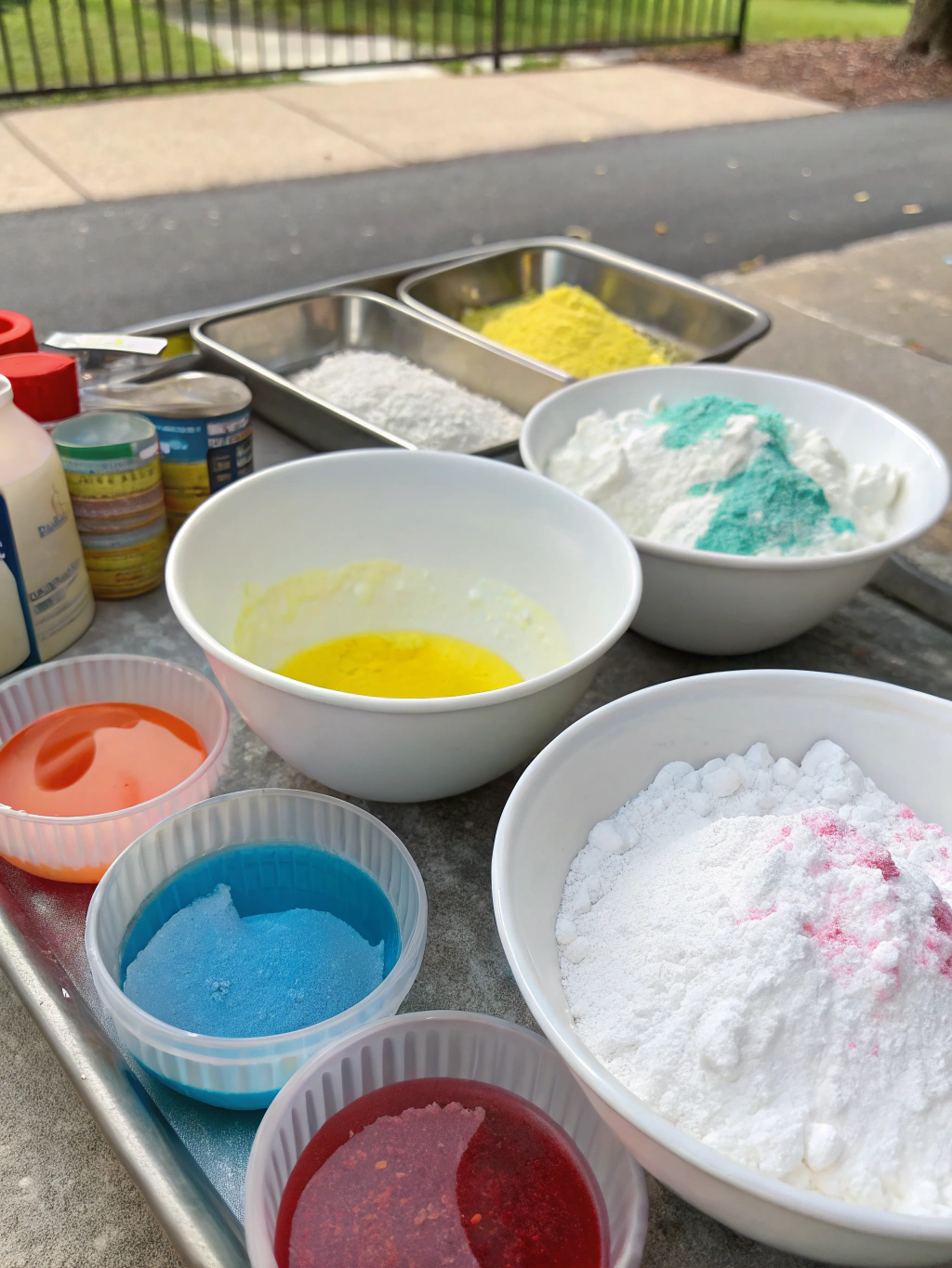 A collection of ingredients like cornstarch, water, food coloring, and containers laid out on a table, ready for making DIY sidewalk chalk paint.