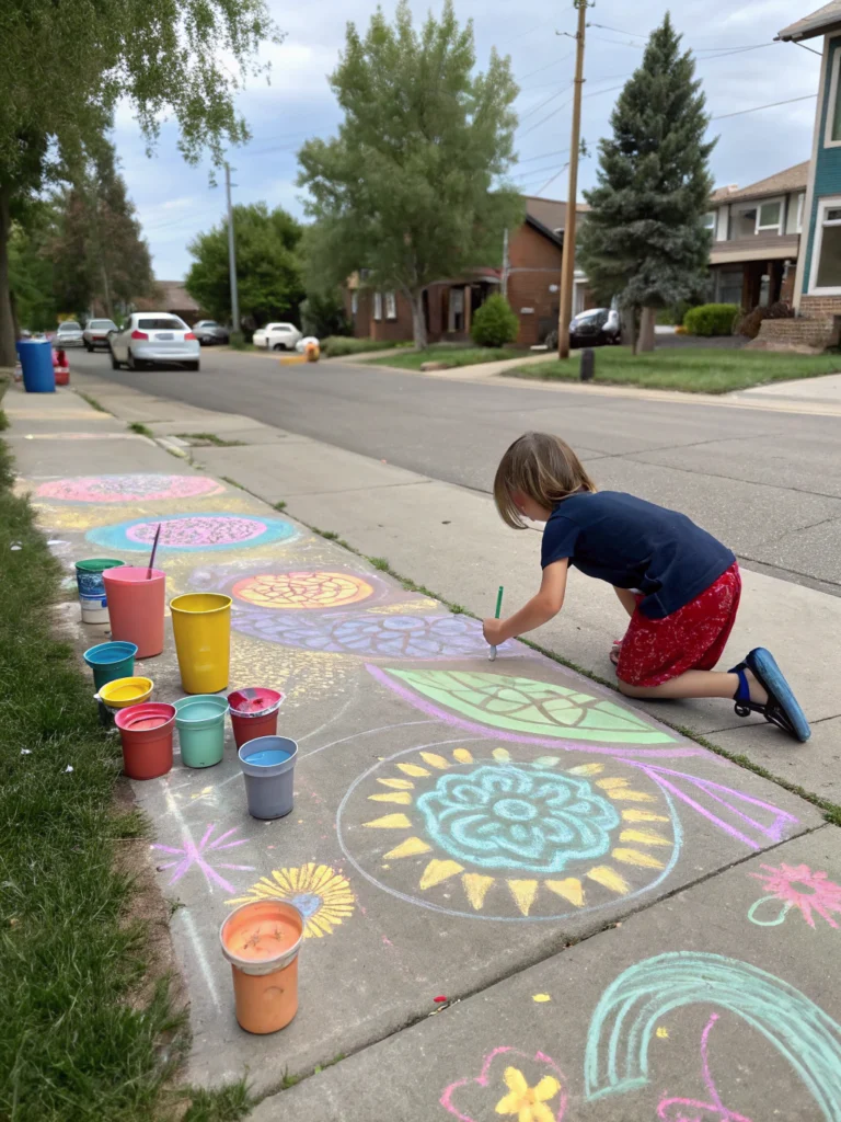 Child painting sidewalk with DIY chalk paint in Denver, illustrating a creative outdoor activity method.