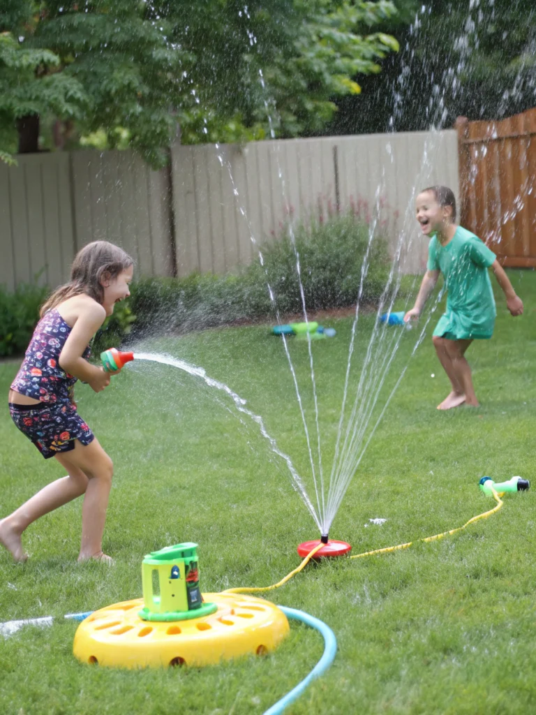 Kids playing with a DIY sprinkler in backyard, enjoying water fun to beat the heat in summer.