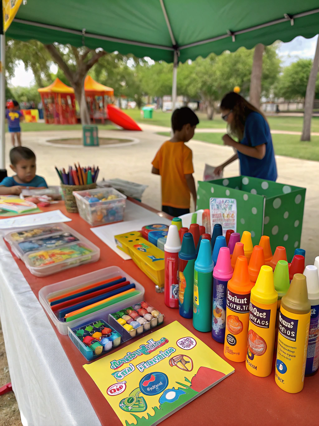 An array of colorful craft supplies like poster board, markers, stickers, and scissors, laid out for creating a summer schedule.